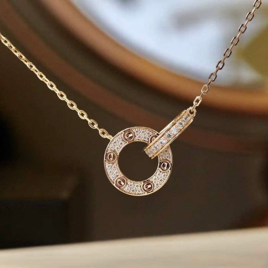 [Cyra]  LOVE 7.6MM NECKLACE ROSE GOLD AND SILVER  FULL DIAMOND