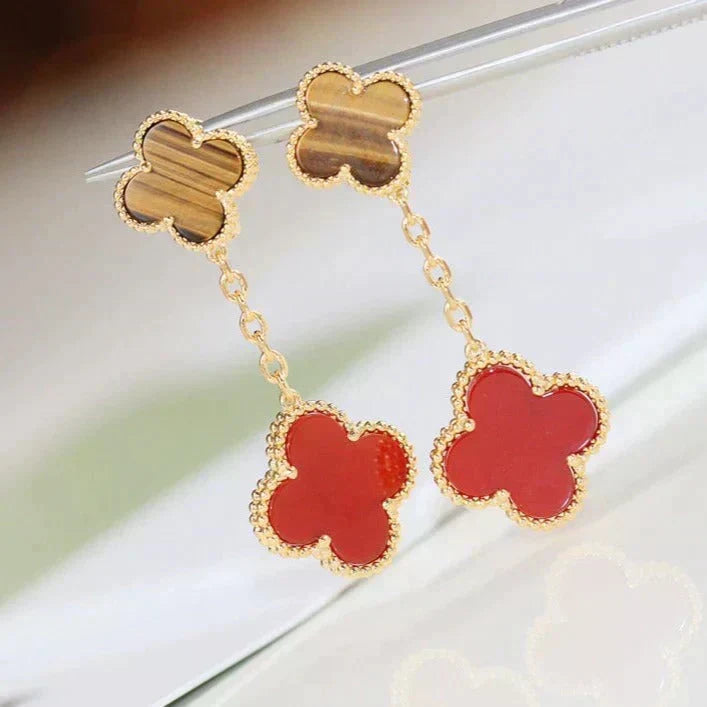 [Cyra]  CLOVER  2 MOTIF  TIGER EYE CARNELIAN EARRINGS