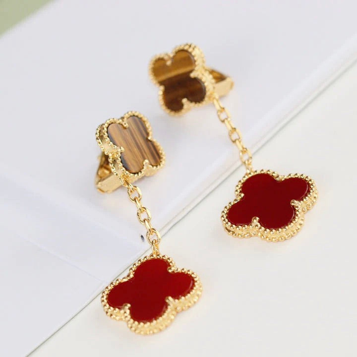 [Cyra]  CLOVER  2 MOTIF  TIGER EYE CARNELIAN EARRINGS
