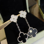 [Cyra]  CLOVER 2 MOTIFS  DIAMOND ONYX EARRINGS SILVER