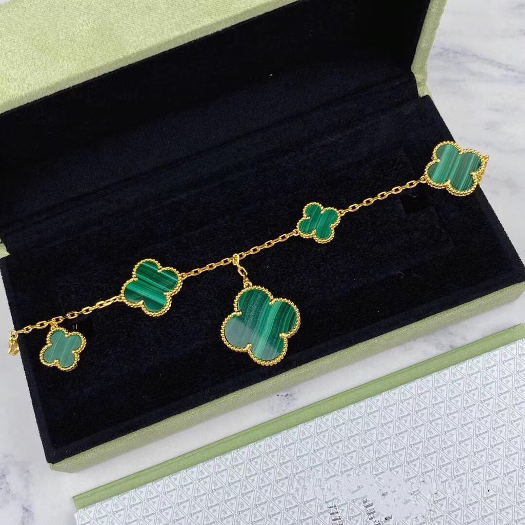 [Cyra]  MAGIC CLOVER MALACHITE GOLD BRACELET 5 MOTIFS