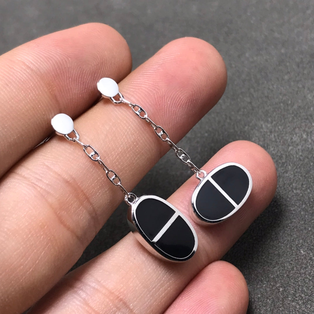 [Cyra]  CHAINE VERSO BLACK CERAMIC SILVER EARRINGS