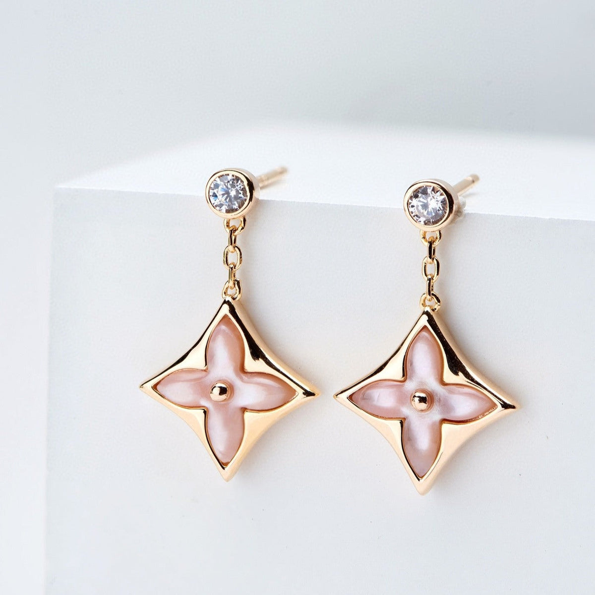 [Cyra]  DOUBLE STAR PINK GOLD MOP DROP EARRINGS