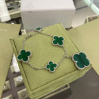 [Cyra]  CLOVER 5 MOTIFS SIVLER MALACHITE BRACELET