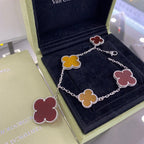 [Cyra] クローバー 5モチーフ シルバー カーネリアン タイガーアイ ブレスレット
