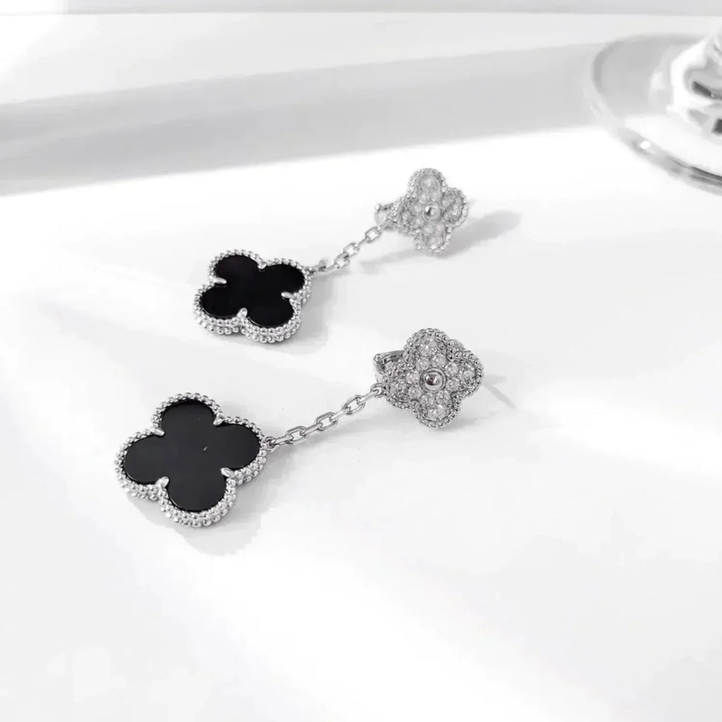 [Cyra]  CLOVER 2 MOTIFS  DIAMOND ONYX EARRINGS SILVER