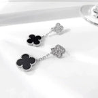 [Cyra]  CLOVER 2 MOTIFS  DIAMOND ONYX EARRINGS SILVER