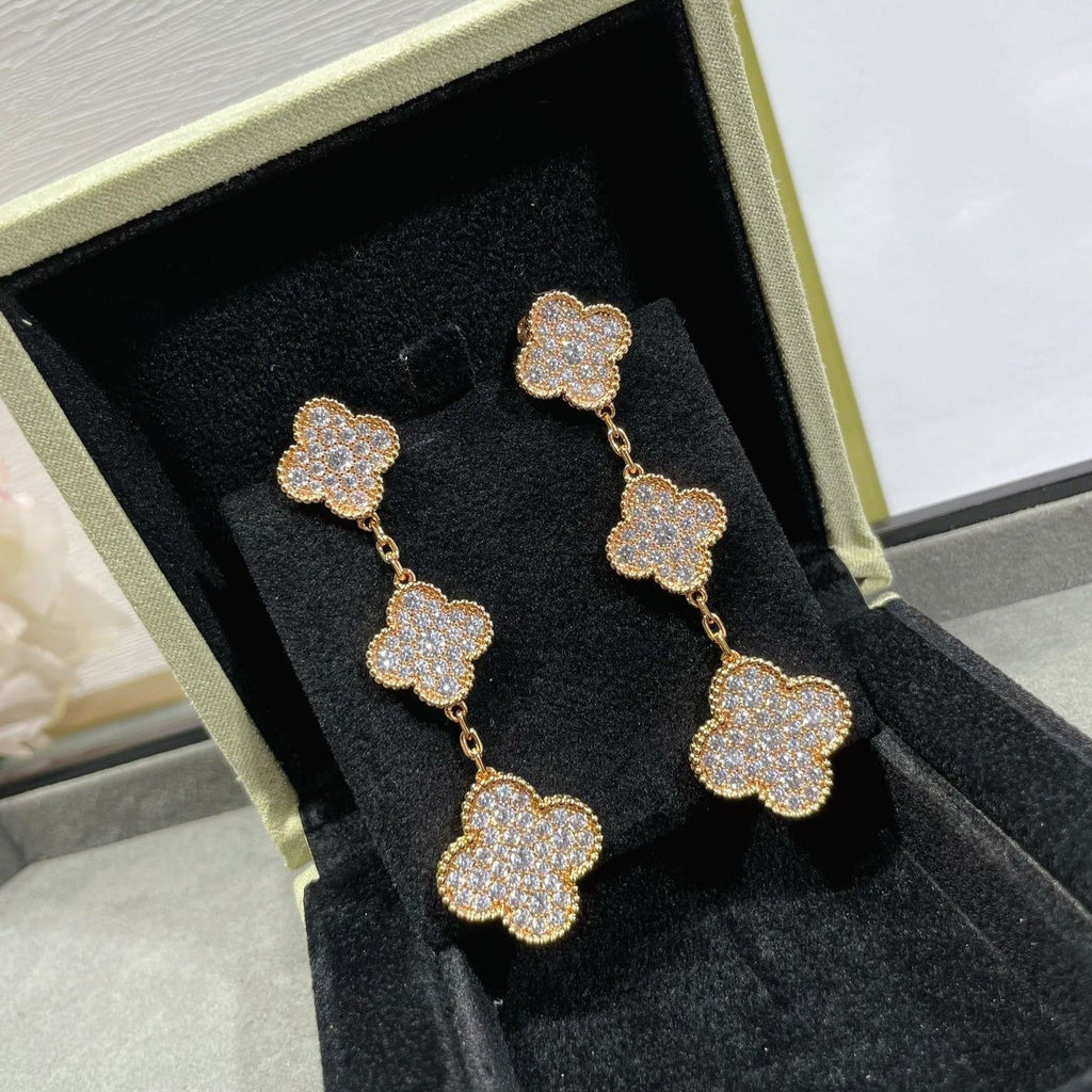 [Cyra]  CLOVER 3 MOTIFS DIAMOND PAVED ROSE GOLD EARRINGS