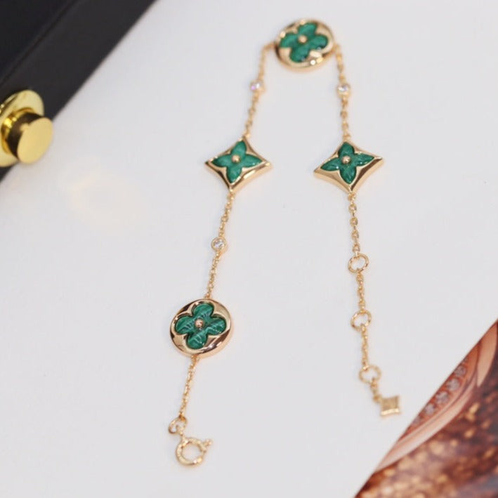 [Cyra]  STAR AND SUN 4 MOTIF PINK GOLD MALACHITE BRACELET