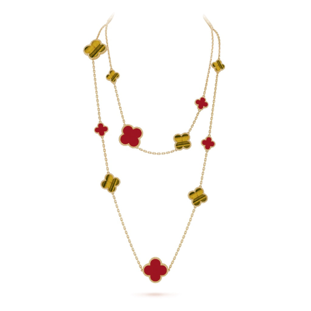 [Cyra]  CLOVER 16 MOTIF CARNELIAN TIGER EYE ROSE GOLD NECKLACE