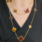 [Cyra]  CLOVER 16 MOTIF CARNELIAN TIGER EYE ROSE GOLD NECKLACE