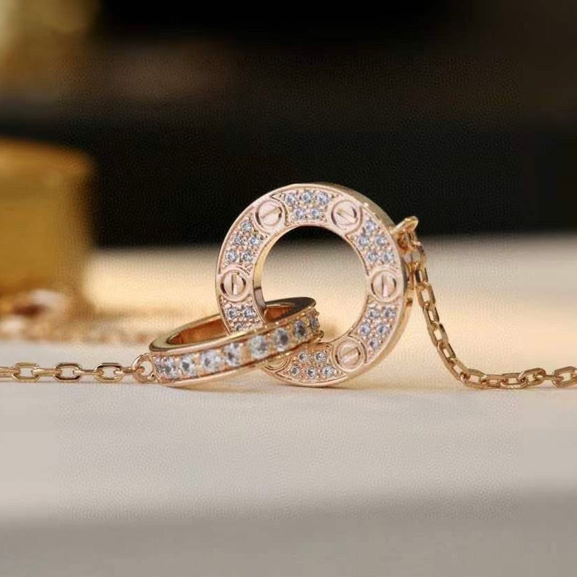 [Cyra]  LOVE 7.6MM NECKLACE ROSE GOLD AND SILVER  FULL DIAMOND