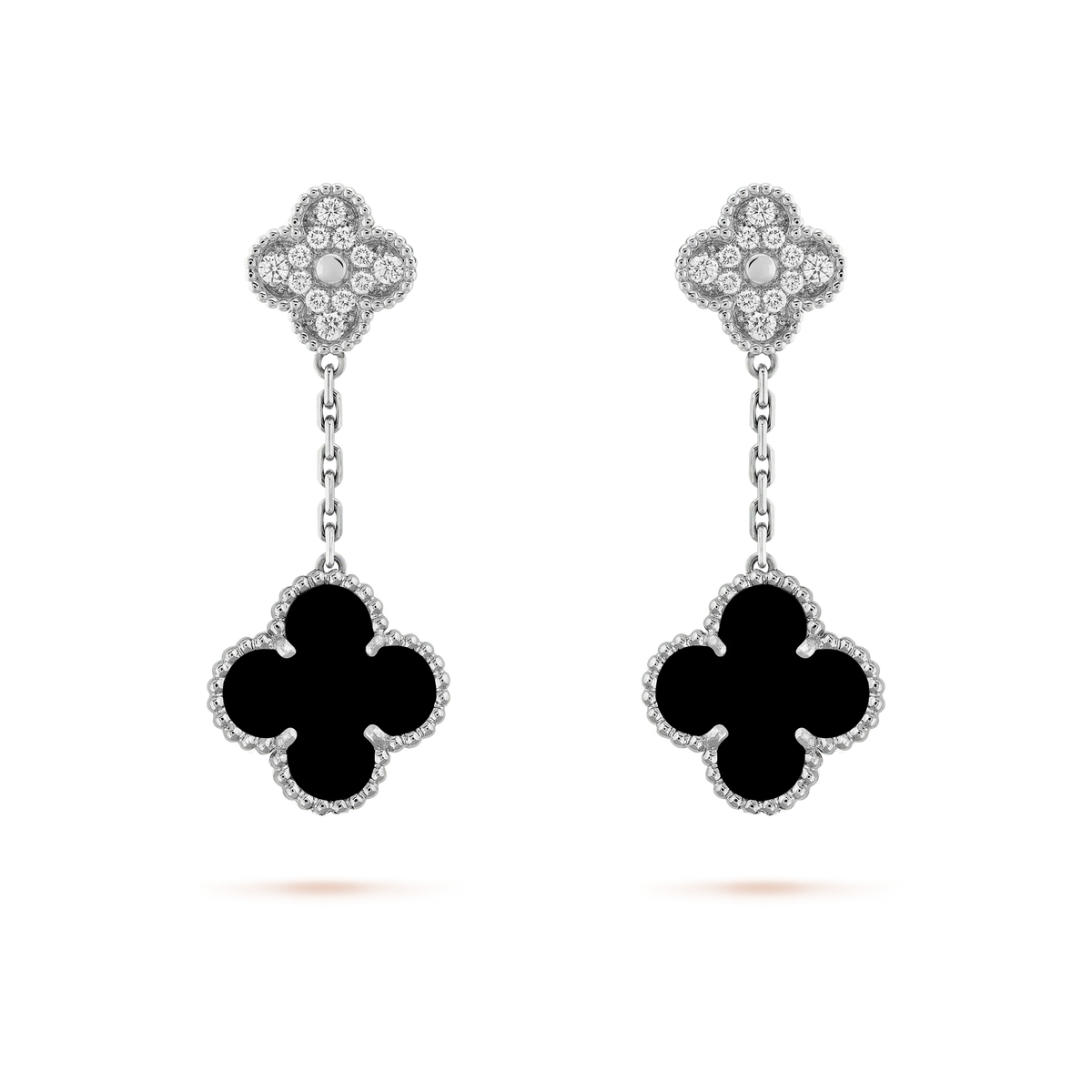 [Cyra]  CLOVER 2 MOTIFS  DIAMOND ONYX EARRINGS SILVER