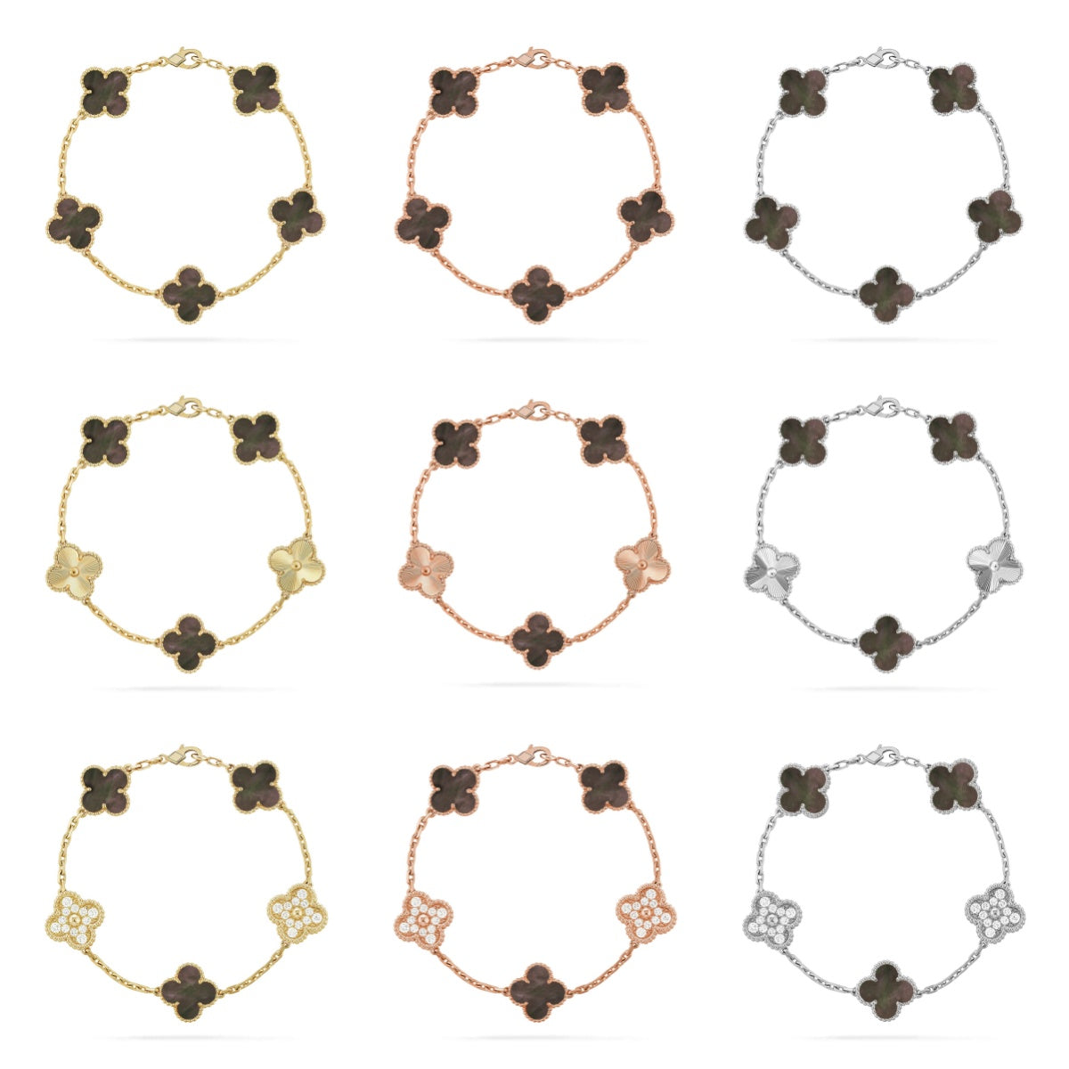{
  "Cyra": "新作 CLOVER 5 モチーフ グレーMOP ブレスレットコレクション"
}
