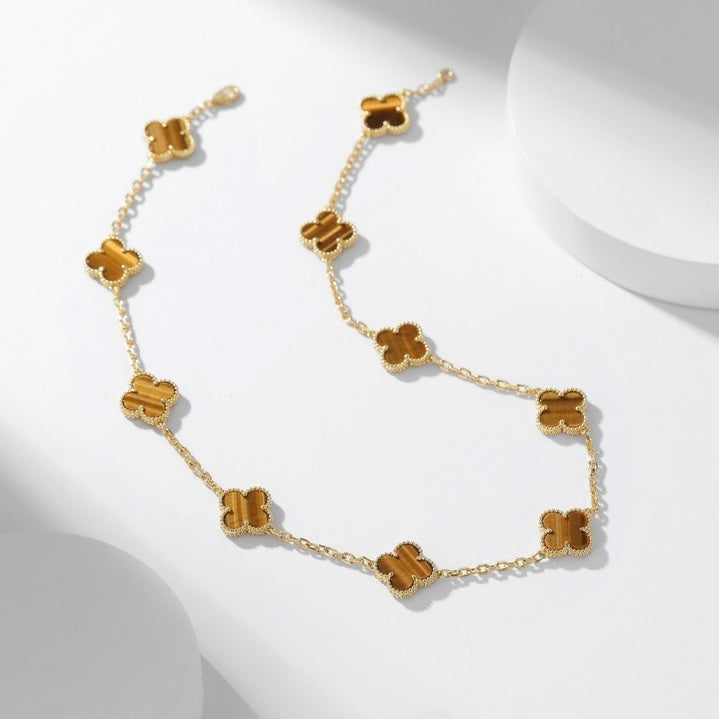 [Cyra]  CLOVER 10 MOTIFS TIGER EYE NECKLACE