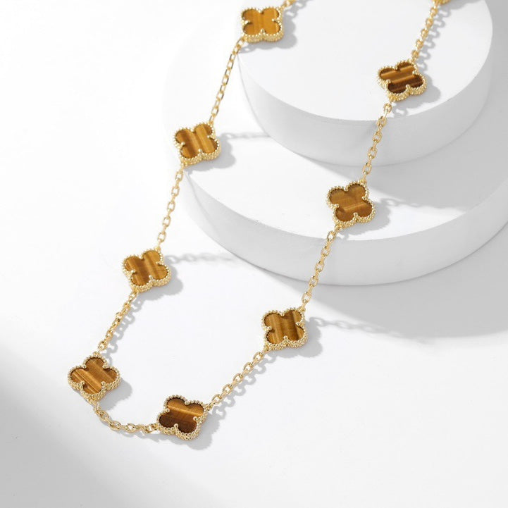 [Cyra]  CLOVER 10 MOTIFS TIGER EYE NECKLACE