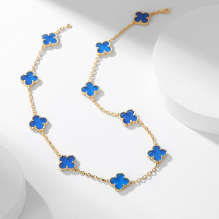 [Cyra]  CLOVER 10 MOTIFS BLUE AGATE NECKLACE
