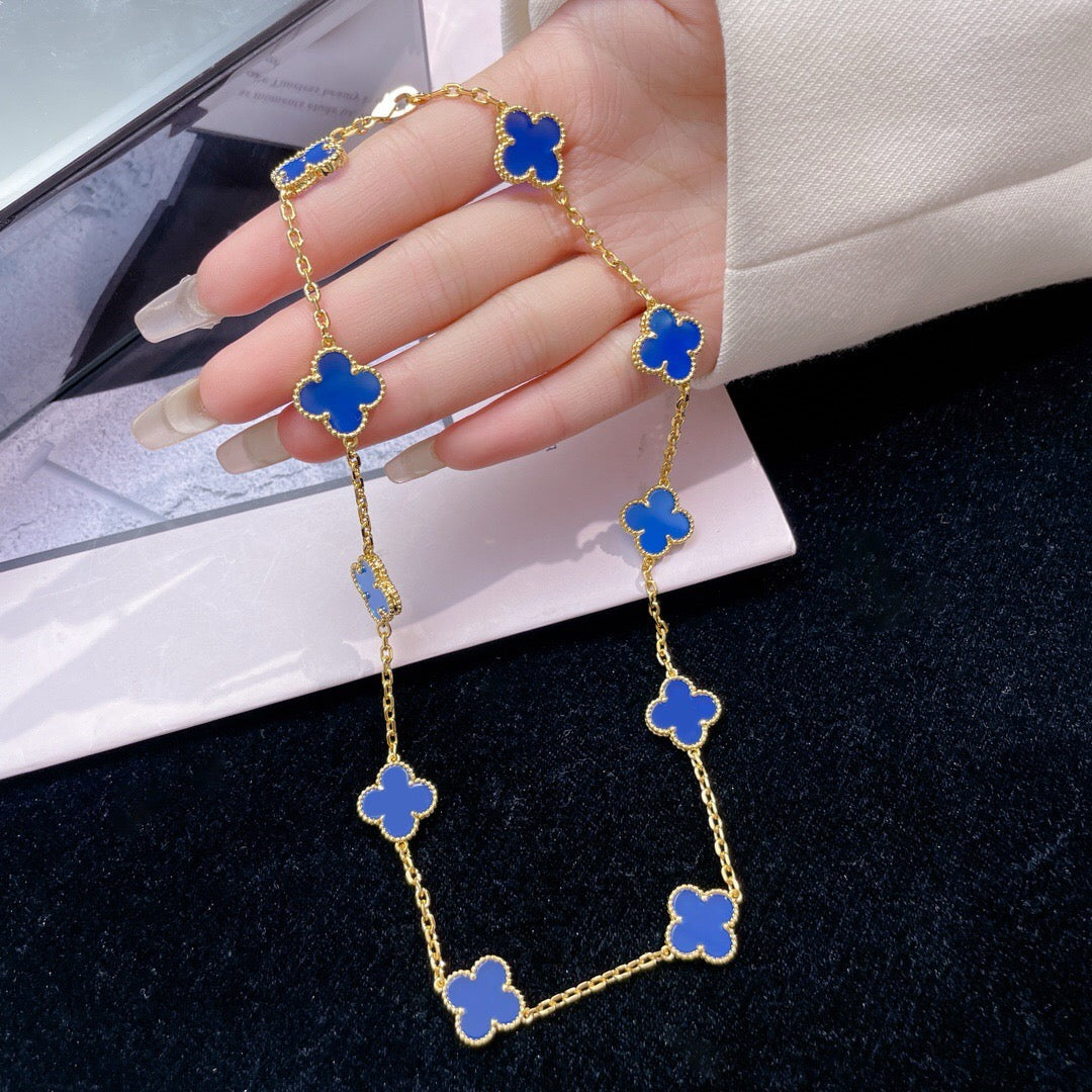 [Cyra]  CLOVER 10 MOTIFS BLUE AGATE NECKLACE