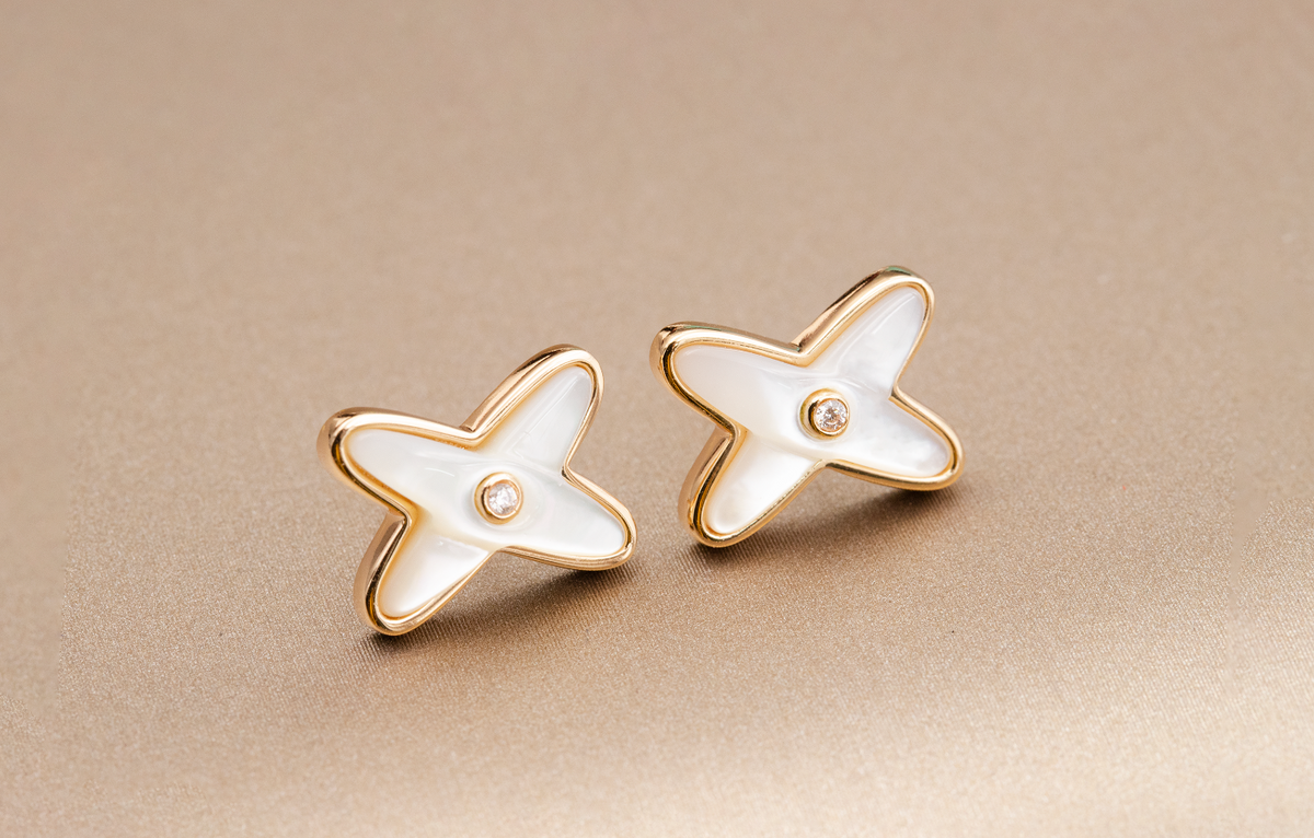 [Cyra]  JEUX DE WHITE MOP PINK GOLD DIAMOND EARRINGS