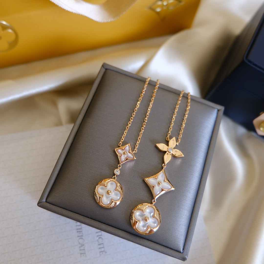[Cyra]  COLOR BLOSSOM LARIAT NECKLACE PINK GOLD WHITE MOTHER PEARL AND DIAMOND