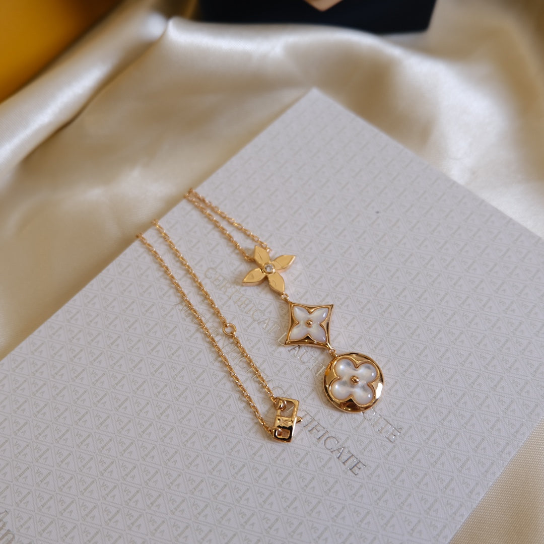 [Cyra]  COLOR BLOSSOM LARIAT NECKLACE PINK GOLD WHITE MOTHER PEARL AND DIAMOND
