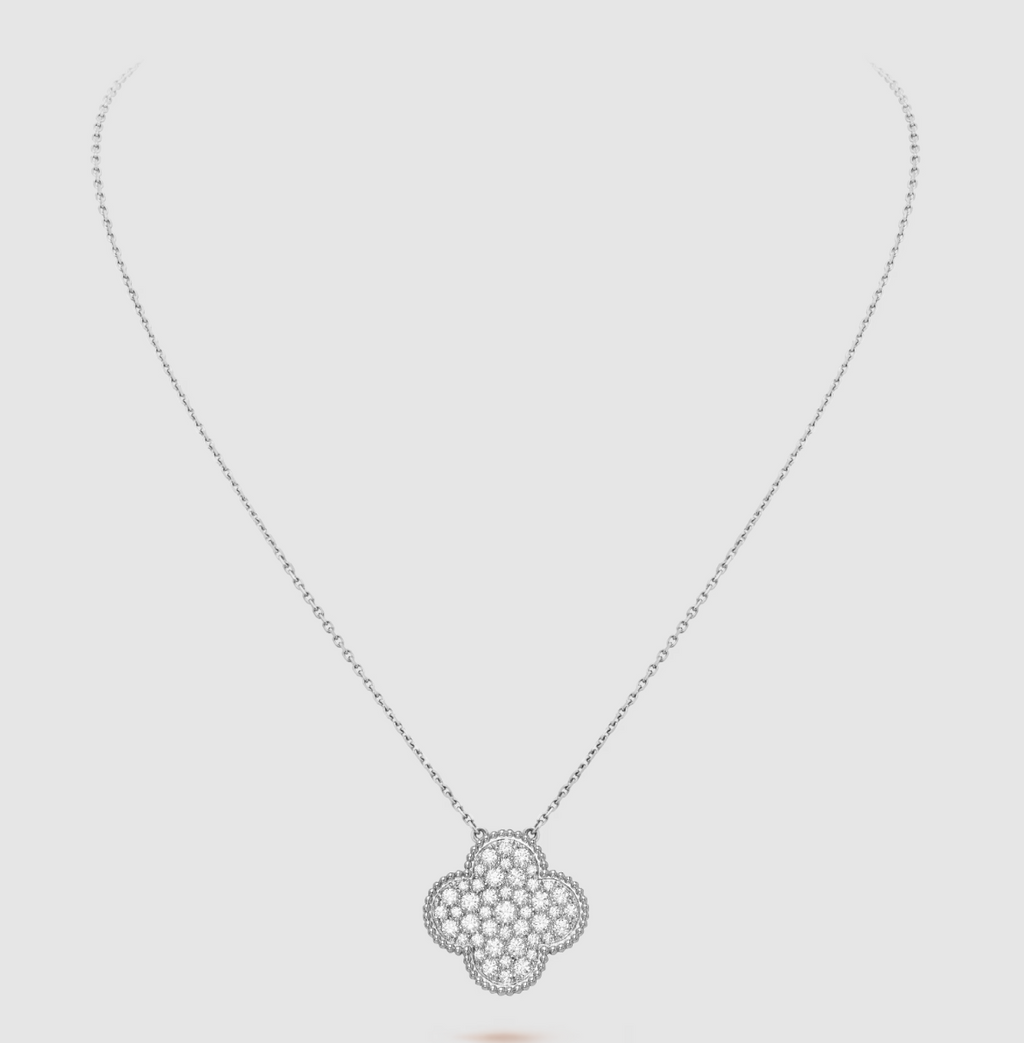 [Cyra]  CLOVER 25MM LARGE PENDANT DIAMOND PAVED SILVER NECKLACE