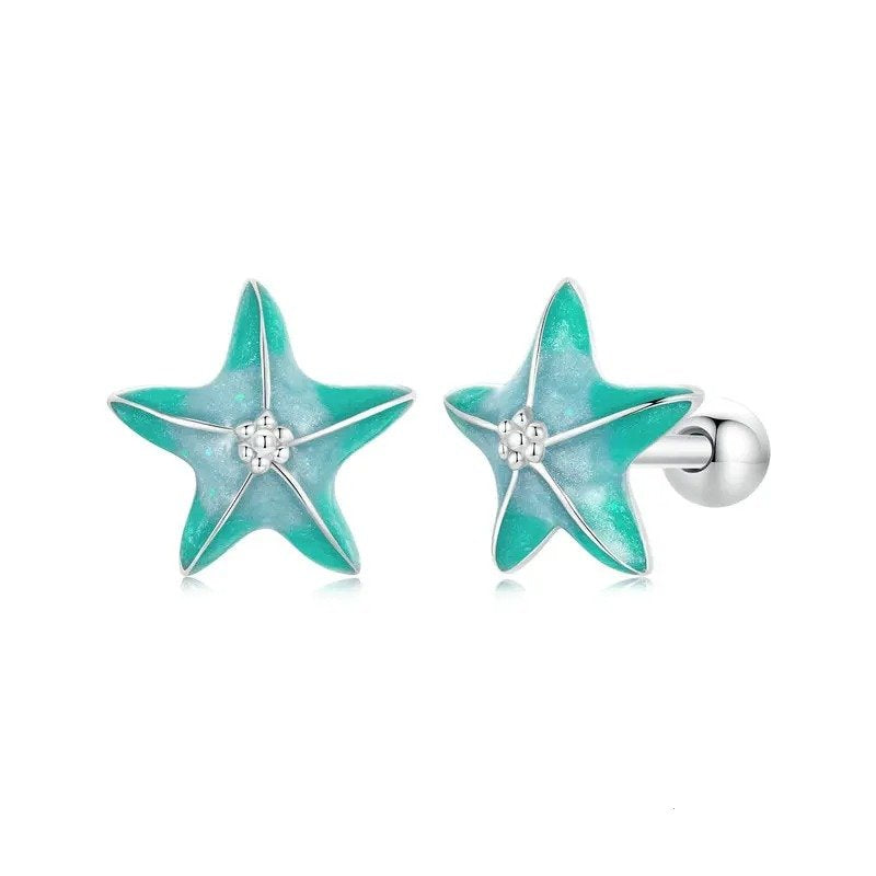 Blaue Seestern-Ohrstecker platinbeschichtet schlichte Ohrringe
