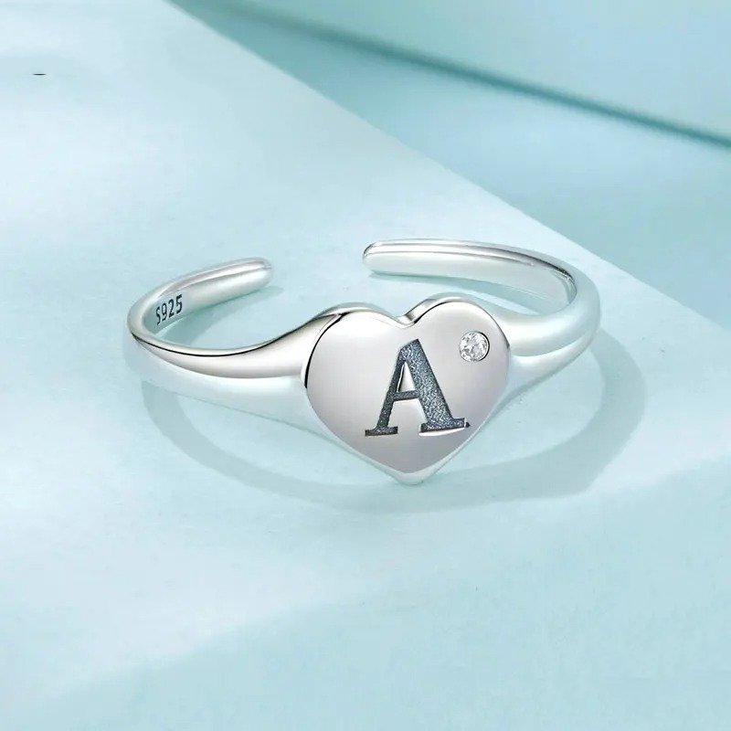 Gravierter Ring mit Anfangsbuchstabe A, offen, herzförmig, verstellbar, stapelbar