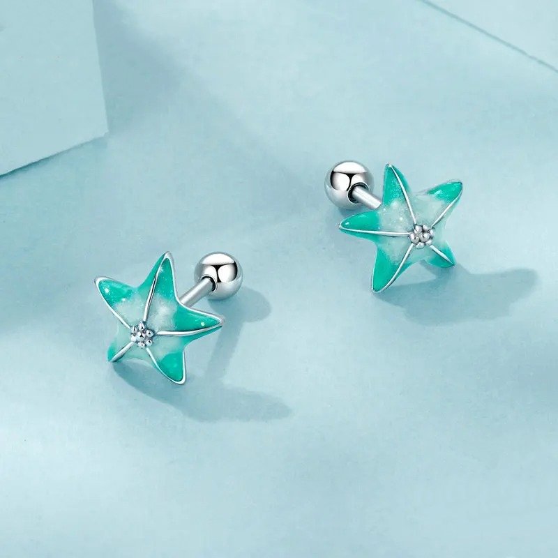 Blaue Seestern-Ohrstecker platinbeschichtet schlichte Ohrringe