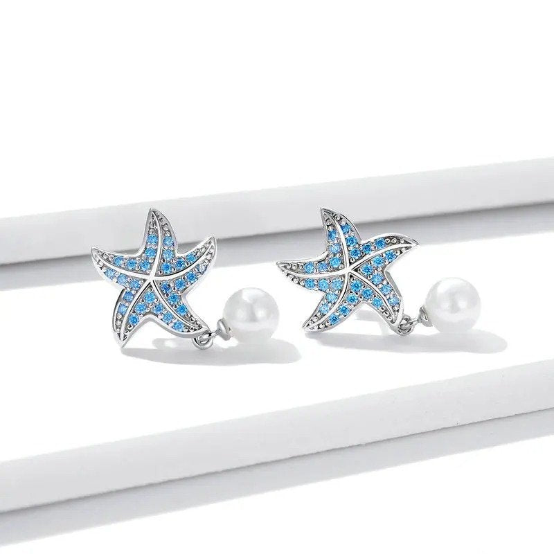 Ozeanblaue Zirkonia-Seestern-Ohrstecker Muschelperlen-Ohrhänger