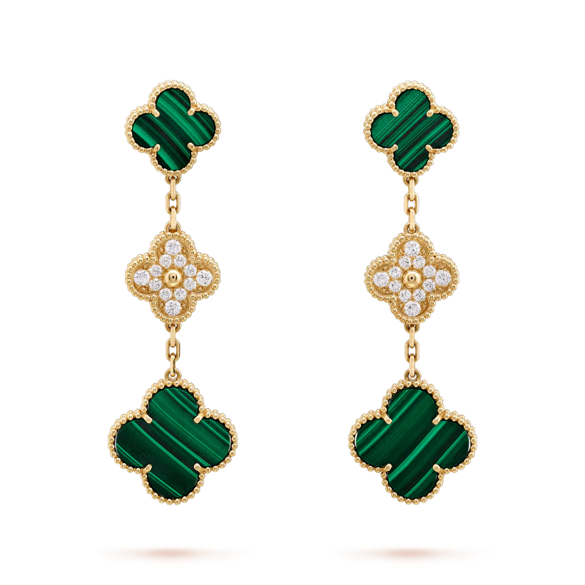 [Cyra]  CLOVER EARRINGS GOLD MALACHITE DIAMOND 3 MOTIF