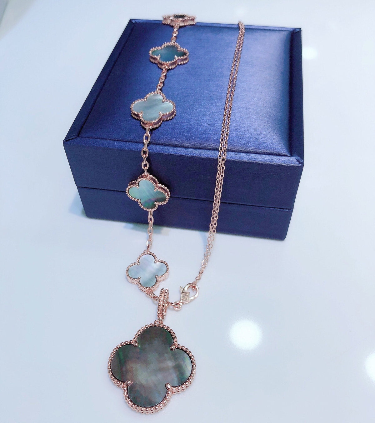 [Cyra]  COMBINED BRACELET 5 MOTIFS AND NECKLACE DARK MOP ROSE GOLD