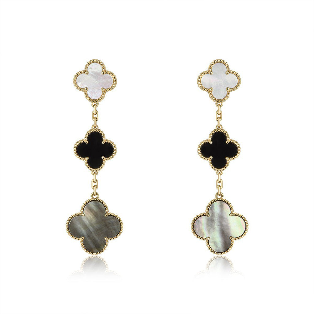 [Cyra]  CLOVER EARRINGS GOLD ONYX MOP 3 MOTIF